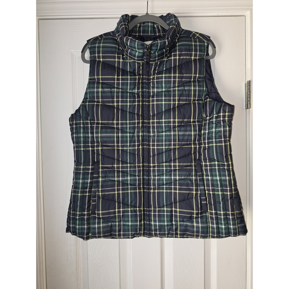Talbots Womens Green Blue Plaid Sleeveless Puffer Vest Jacket Large